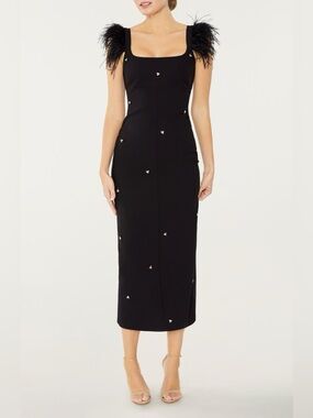 NWT Likely Cameron Black Feather-Trim Square Neck Dress